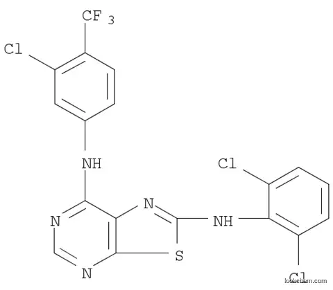 Molecular Structure of 1000706-87-5 (Thiazolo[5,4-d]pyrimidine-2,7-diamine, N7-[3-chloro-4-(trifluoromethyl)phenyl]-N2-(2,6-dichlorophenyl)-)